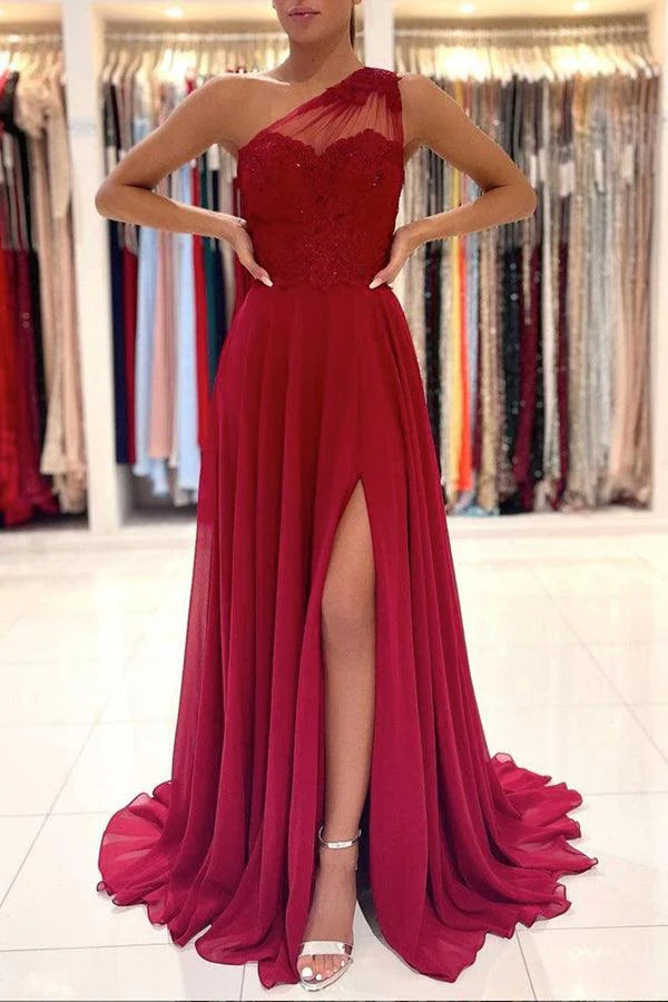 Chiffon One Shoulder Lace Long Prom Dress Formal Dress