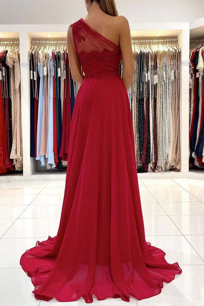 Chiffon One Shoulder Lace Long Prom Dress Formal Dress