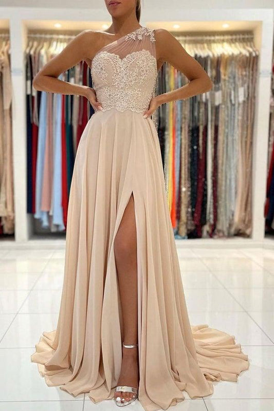 Chiffon One Shoulder Lace Long Prom Dress Formal Dress