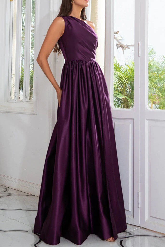 A-Line Satin One Shoulder Purple Prom Dresses With Side Split