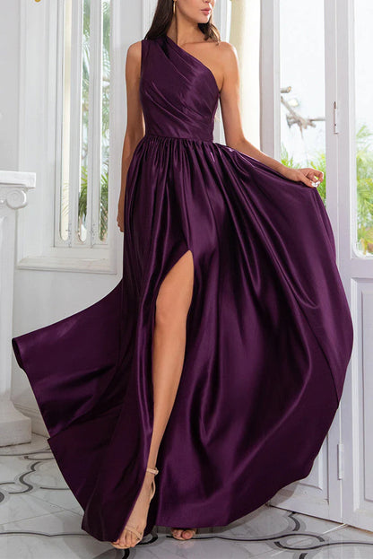 A-Line Satin One Shoulder Purple Prom Dresses With Side Split