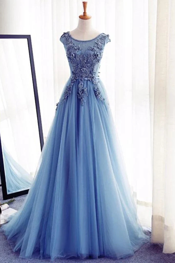 A-Line Appliques Long Sleeveless Scoop Prom Dresses