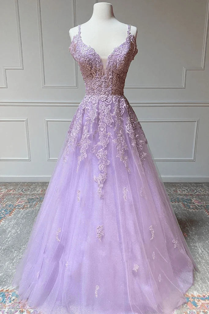 A-line Tulle V Neck Prom Dresses With Lace Appliques