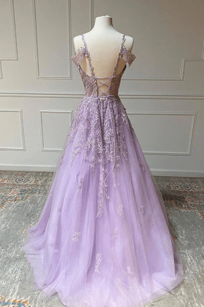 A-line Tulle V Neck Prom Dresses With Lace Appliques