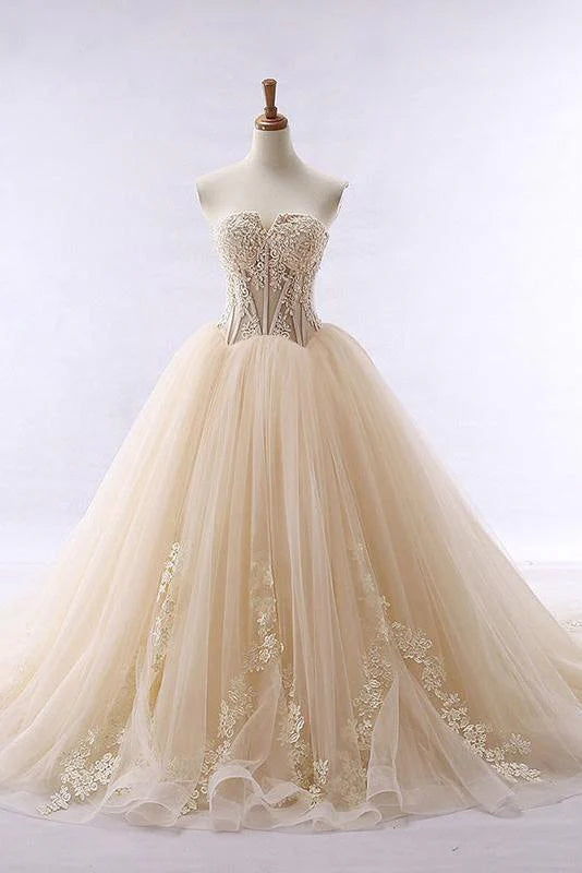 Sweetheart Tulle Lace up Modest Lace Long Prom Dresses