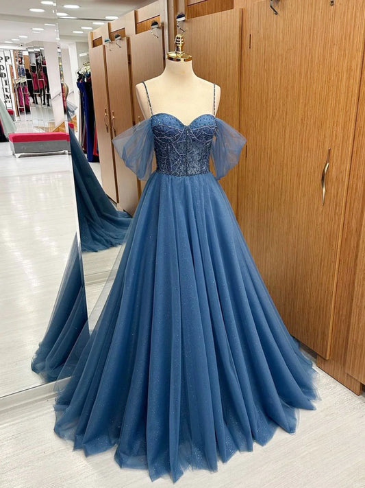 A-Line Sweetheart Neck Beading Tulle Long Prom Dress