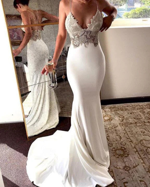 Mermaid Prom Dress Deep V Neck Spaghetti Straps Backless Wedding Dress