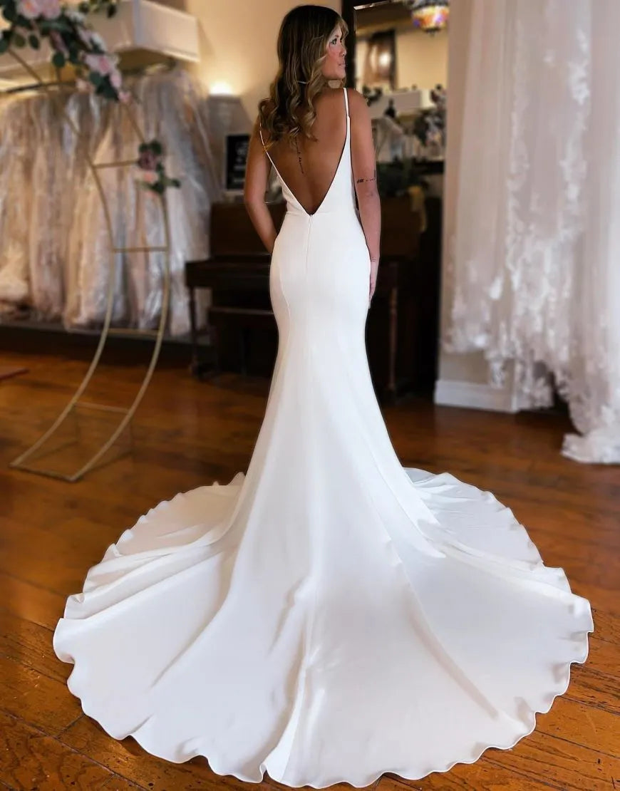 Mermaid Train Open Back Satin Wedding Dress