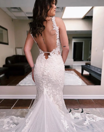 Mermaid Spaghetti Straps Open Back Train Wedding Dress