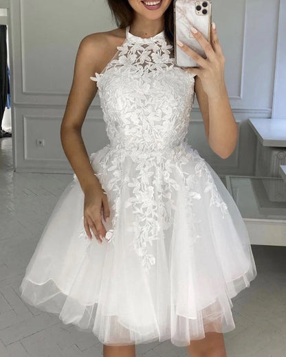 A-line Appliques Halter Tulle Short Prom Dresses