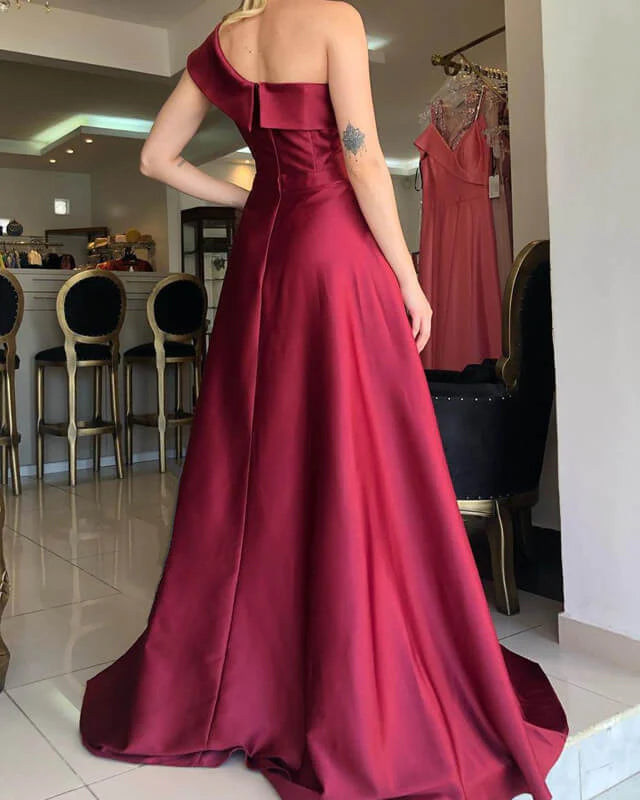 Mermaid One Shoulder Long Satin Prom Dresses With Slit