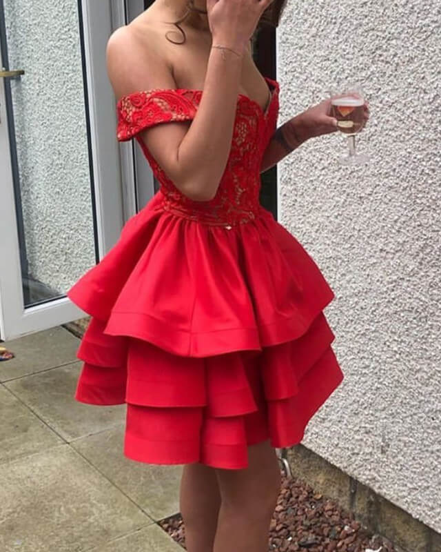 A-line Off The Shoulder Lace Short Ruffles Satin Homecoming Dresses