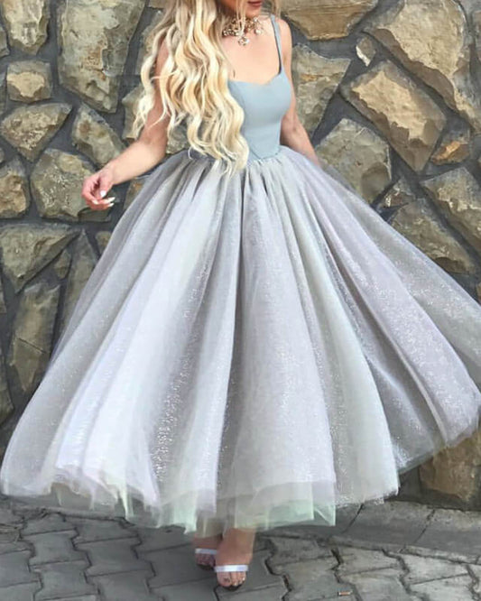 A-line Tulle Satin Midi Ball Gown Prom Dresses