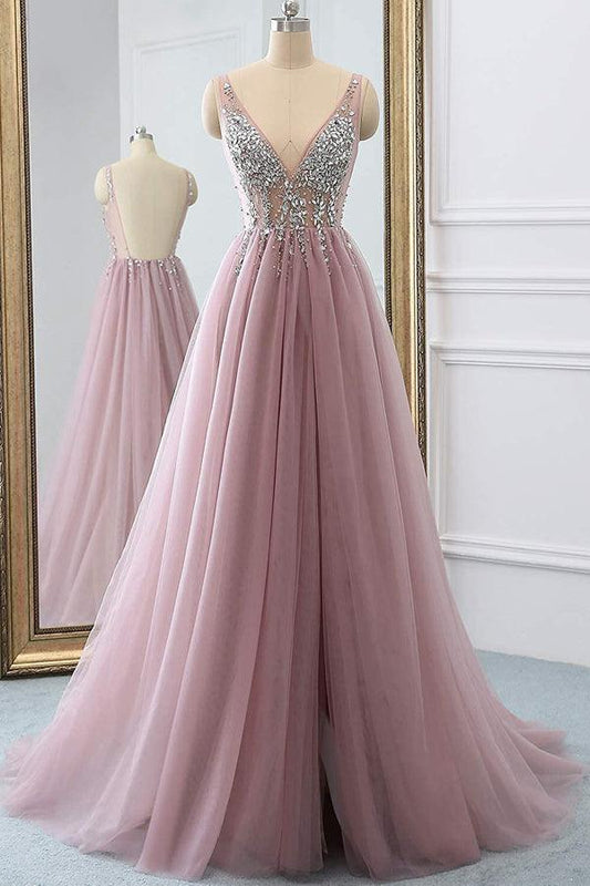 A Line Sparkly V Neck Tulle Long Prom Evening Dress