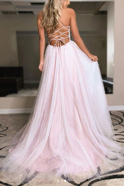 A Line V Neck Open Back Split Beaded Long Tulle Prom Dress