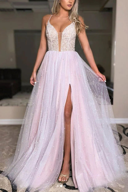 A Line V Neck Open Back Split Beaded Long Tulle Prom Dress