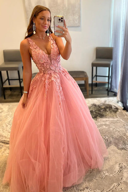 Elegant A Line V Neck Tulle Lace Appliques Long  Open Back Prom Dresses