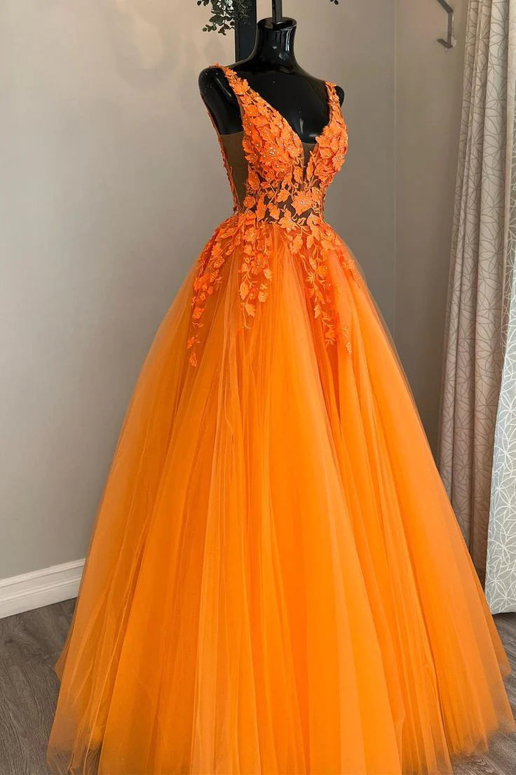 Elegant A Line V Neck Tulle Lace Appliques Long  Open Back Prom Dresses