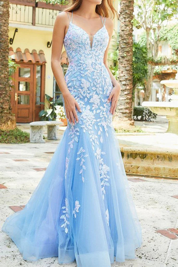 Elegant Straps Tulle Mermaid Prom Dress With Appliques