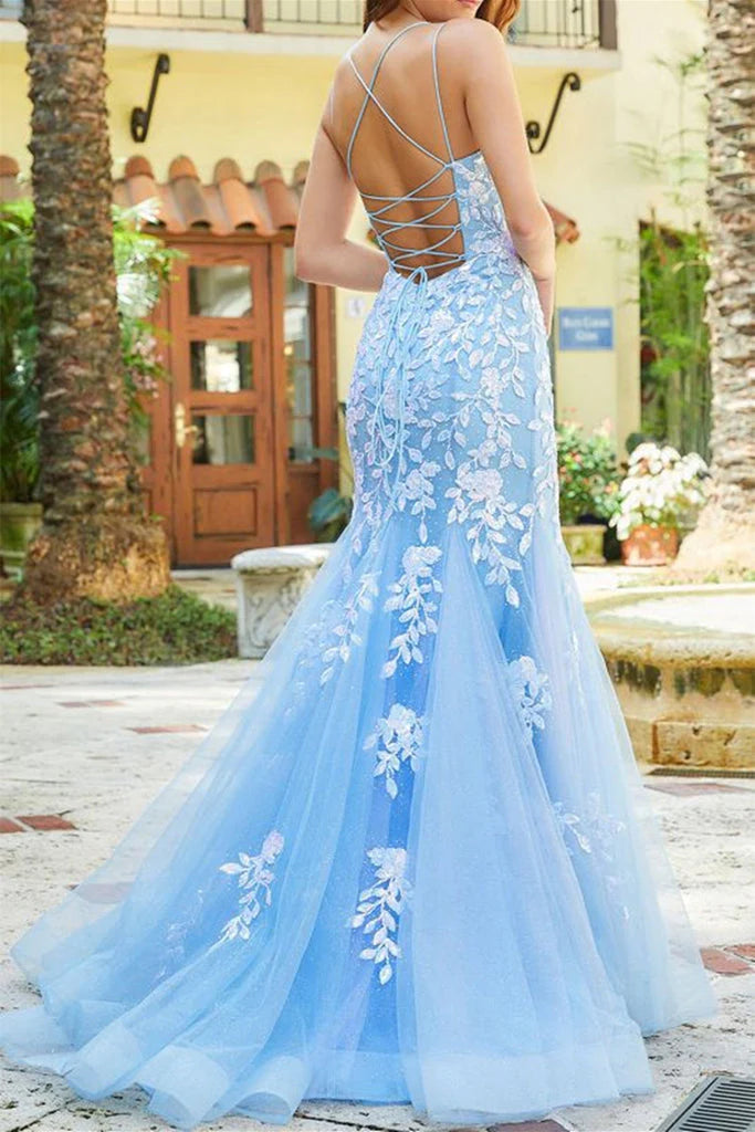 Elegant Straps Tulle Mermaid Prom Dress With Appliques