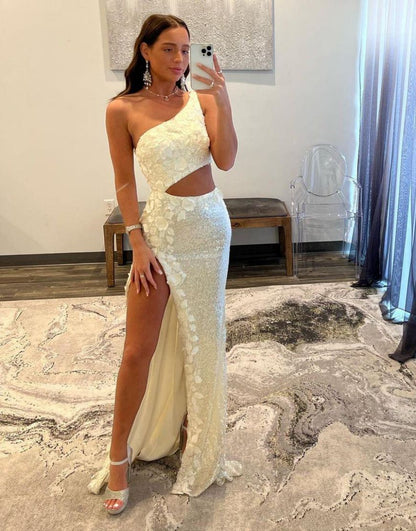 Mermaid Shoulder Sequins Split Prom Dress With Appliques