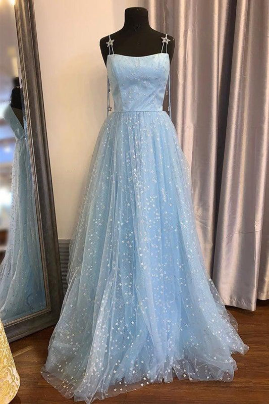 A-Line Starry Tulle Prom Dresses Spaghetti Strap Evening Dress