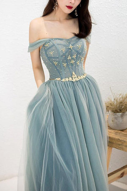 A-Line Elegant Off Shoulder Beaded Long Prom Dress with Appliques