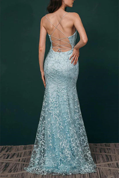 Mermaid With Applique Spaghetti Straps Tulle Prom Dresses