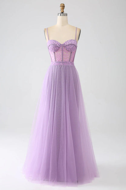 A-Line Spaghetti Straps Long Corset Prom Dress