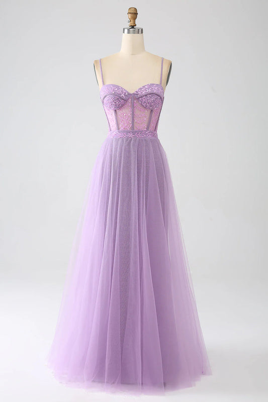 A-Line Spaghetti Straps Long Corset Prom Dress