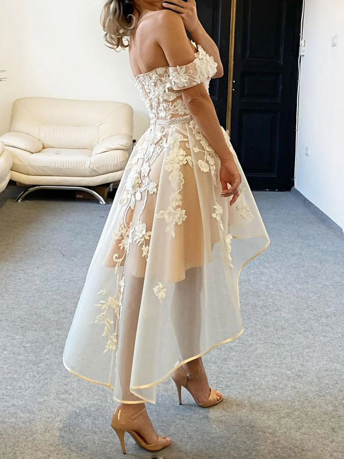 tulle off shoulder lace high low prom dress