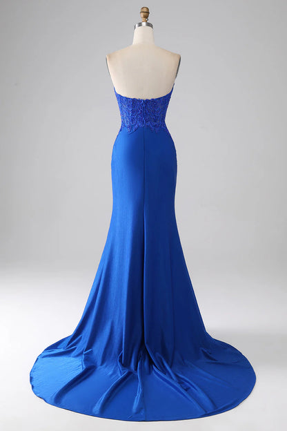 Mermaid Strapless Appliques Long Beaded Prom Dress