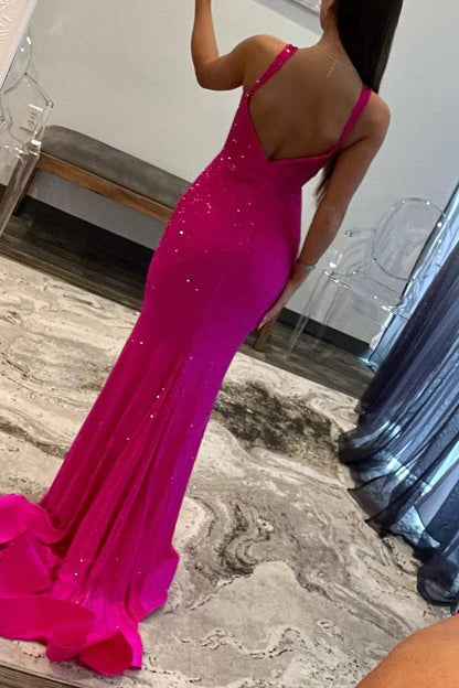 Mermaid Straps Shiny Fuchsia Long Corset Beaded Prom Dress