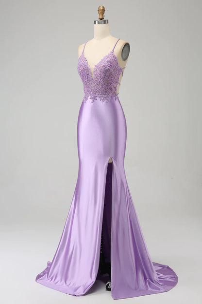 Mermaid Spaghetti Straps Long Prom Dress with Appliques Slit