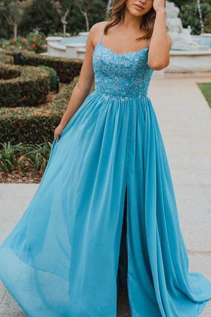 A-line Chiffon Floor-Length Slit Prom Dresses