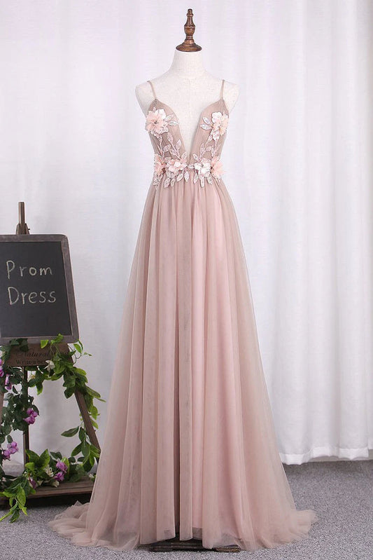 Gorgeous Flower Chiffon Long V-Neck Spaghetti Straps Evening Prom Dresses