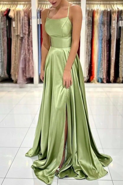 A Line Satin Simple Backless Long Prom Dresses with Leg Slit