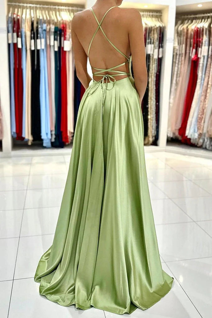 A Line Satin Simple Backless Long Prom Dresses with Leg Slit