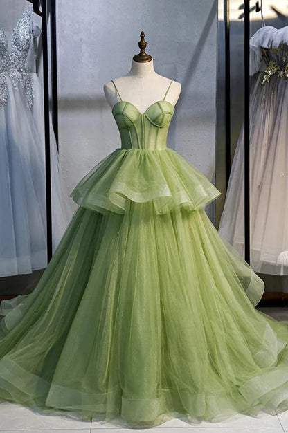 A-Line Tulle Long Prom Dresses Evening Dresses with Train