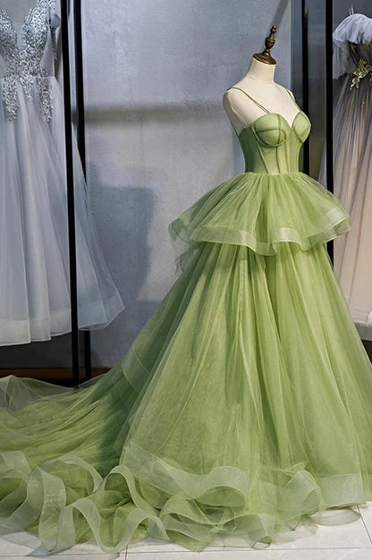 A-Line Tulle Long Prom Dresses Evening Dresses with Train