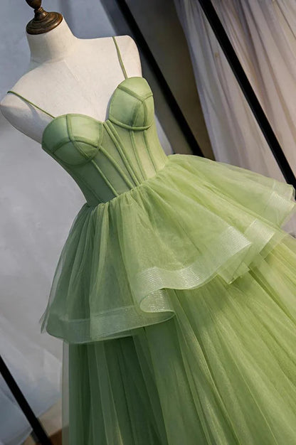 A-Line Tulle Long Prom Dresses Evening Dresses with Train