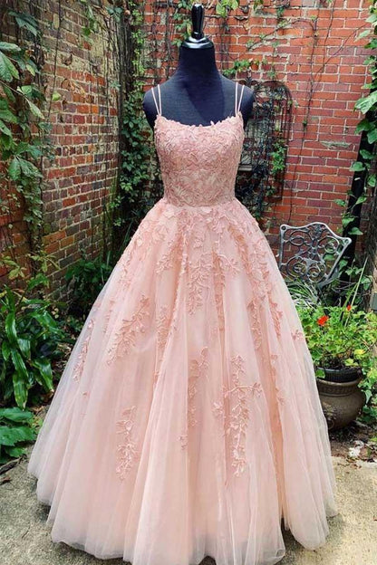 Tulle Lace Long Scoop Spaghetti Evening Gowns Prom Dress