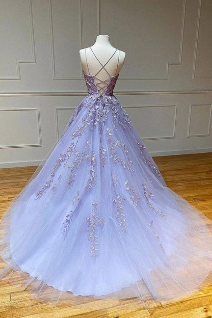 Tulle Lace Long Scoop Spaghetti Evening Gowns Prom Dress