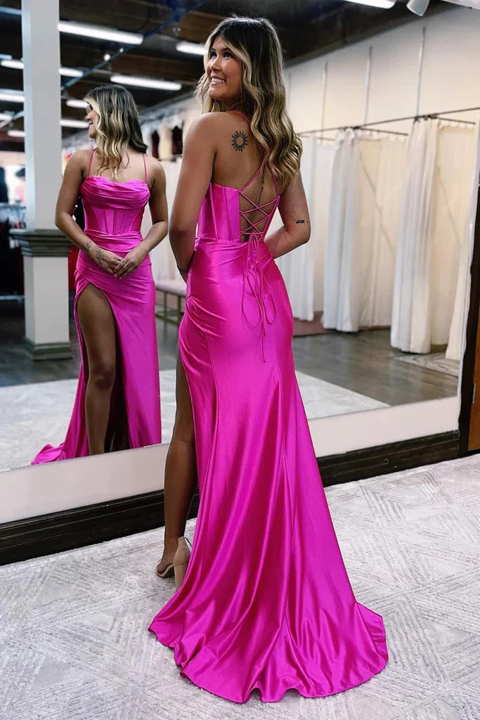 Mermaid Spaghetti Straps Satin Prom Dress with Slit