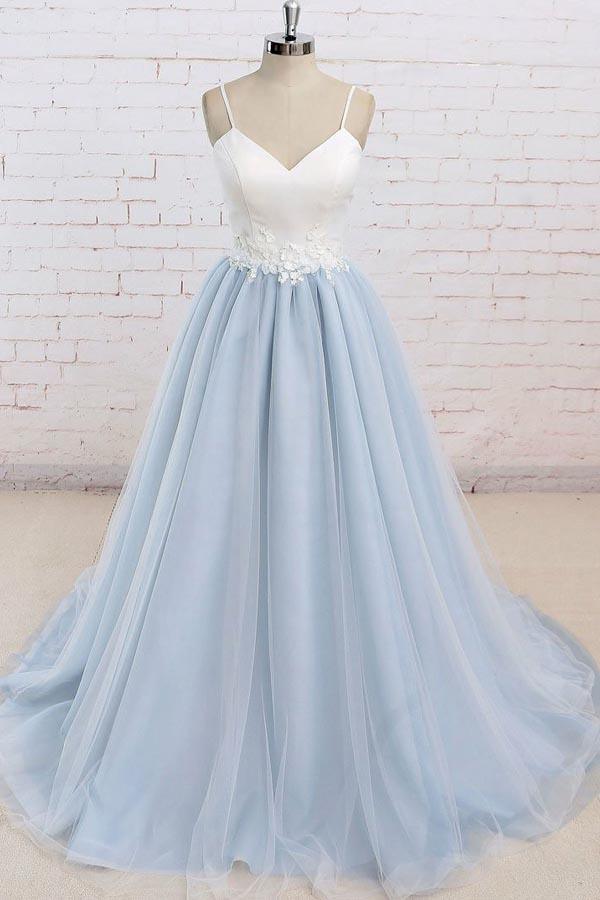 Tulle Spaghetti Straps Sweep Train Backless Prom Dress