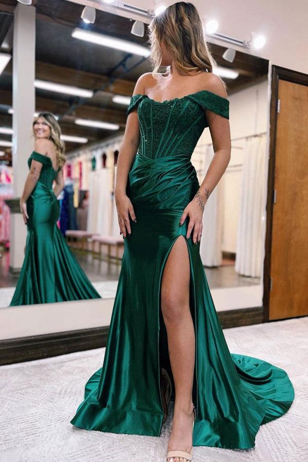 Mermaid Off Shoulder Satin Lace Long Prom Dress