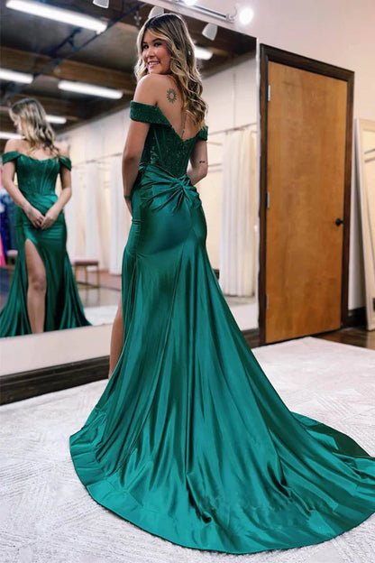 Mermaid Off Shoulder Satin Lace Long Prom Dress