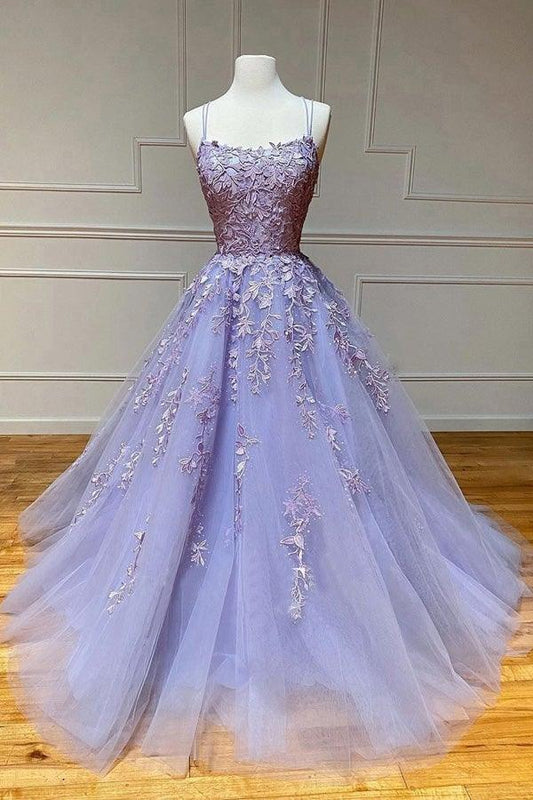 Tulle Lace Long Scoop Spaghetti Evening Gowns Prom Dress