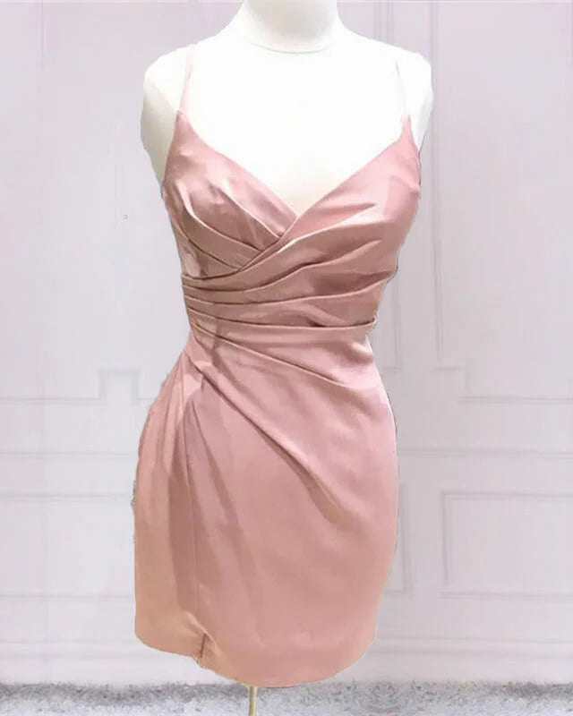 A-line V-neck Pleated Tight Satin Homecoming Dresses