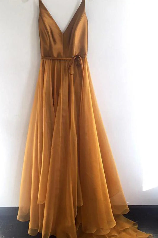 A Line V Neck Spaghetti Strap  Long Prom Dresses